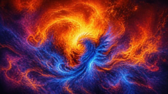 Fiery phoenix bird soaring through a vibrant explosion of cosmic energy and plasma
