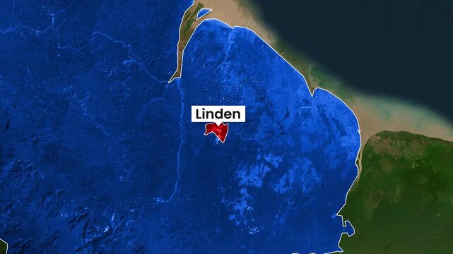 Animated map clip showing Linden located within Guyana borders