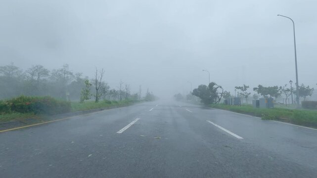 Driving In Hurricane Wind And Rain As Storm Hits City