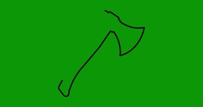 Black outline drawing of sharp hand axe emerging and disappearing on plain solid green screen background.