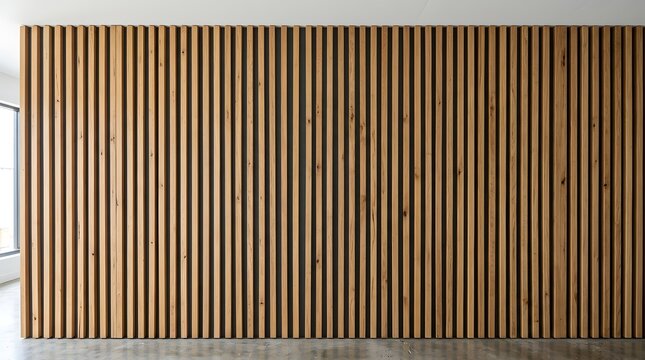 Natural wood slat wall texture, vertical timber battens background, decorative wooden paneling for interior design and architectural visualization