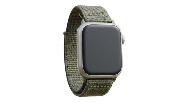Modern smartwatch with green woven nylon strap, silver casing, black blank screen, isolated on transparent background cutout image for design mockup