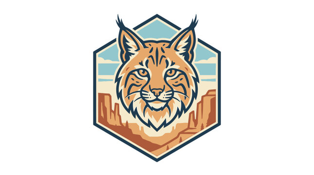 Stylized bobcat head mascot illustration contained within a hexagon frame featuring a desert canyon landscape background with mesas and blue sky, clean vector wildlife design.