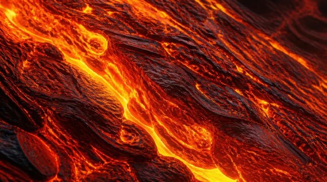 Flowing molten lava glowing bright orange through dark volcanic rock cracks