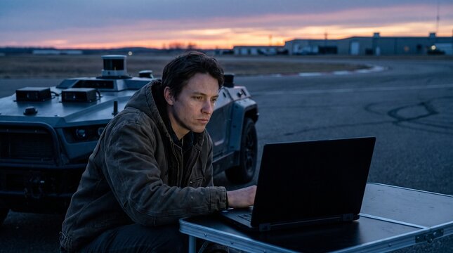 Robotics engineer analyzing sensor data from autonomous vehicle prototype on laptop during outdoor dusk testing.