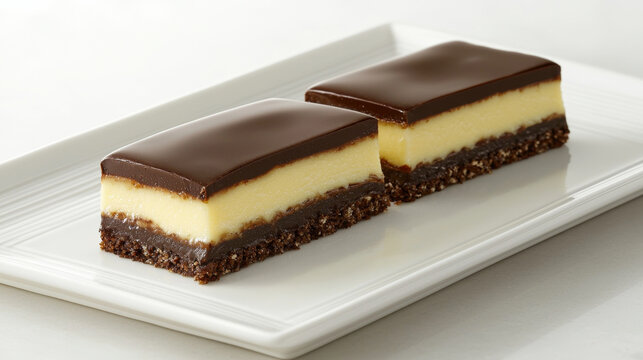 Two rectangular layered desserts with glossy dark chocolate tops, creamy yellow centers, and crumbly dark bases on a white ribbed platter