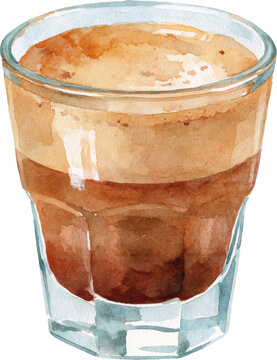 Watercolor painting of a glass of espresso coffee isolated on transparent background.