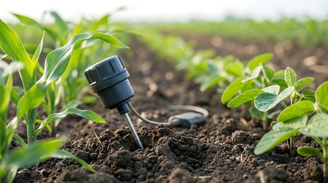 Smart soil moisture sensor device installed in agricultural field for precision farming and automated irrigation monitoring, ensuring optimal growth for young green crops in rural farmland.
