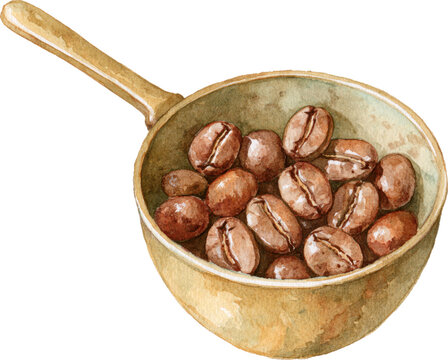 Watercolor illustration of roasted coffee beans in a small skillet isolated on transparent background.