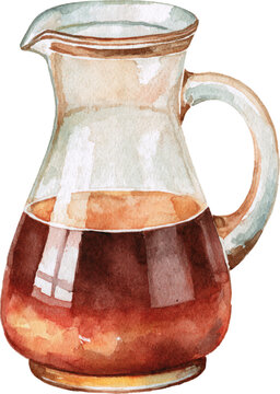 Watercolor illustration of a glass pitcher filled with coffee isolated on transparent background.