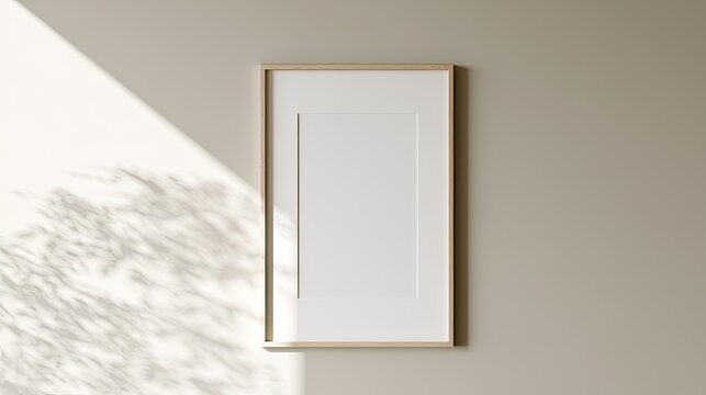 Minimalist framed blank canvas on a neutral wall with dappled light