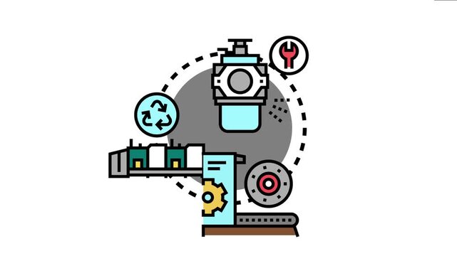 Concept machinery reverse engineering, featuring an engine component, wrench, recycling symbol, gear, and scanning device, emphasizing design analysis, innovation, and maintenance