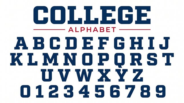 Bold blue slab serif alphabet and numbers in a classic collegiate varsity style for graphic design and apparel branding