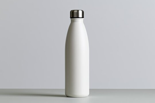 White, sleek reusable bottle with metal cap on gray surface