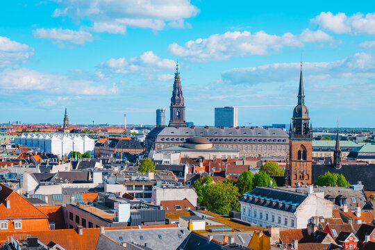 Christiansborg spire above Copenhagen rooftops