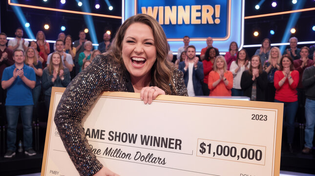 Lucky contestant celebrating million dollar win on television game show stage. Excited woman hugging large prize check in front of clapping audience.