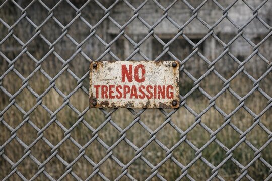 A no trespassing sign attached to a chain link fence, warning of restricted access