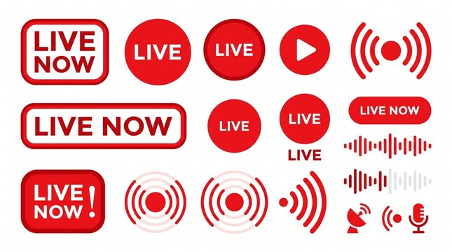 LIVE Now Streaming Graphic Elements with Red Broadcast Signals and Video Icons Vector Collection