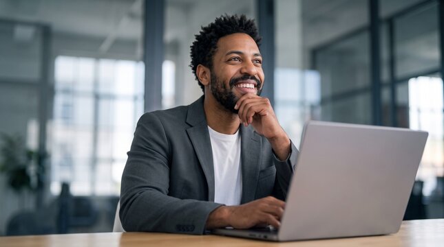 Happy African American businessman planning investment strategy on laptop in office. Black male entrepreneur analyzing financial budget, online banking data and corporate growth online.