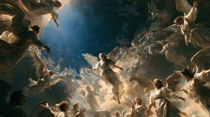Fototapeta premium Oil painting of a grand choir of angels in the sky over Bethlehem, classical masterpiece style, rich gold and blue colors