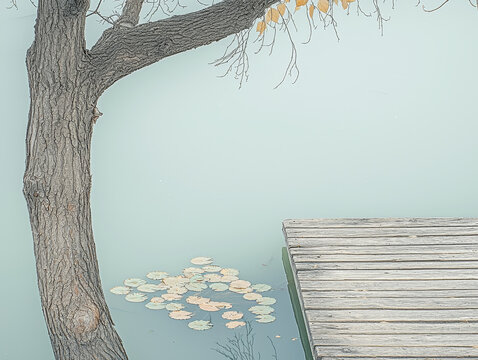 Weathered tree trunk, wooden dock, and lily pads on calm, pale green water with sparse autumn leaves overhead