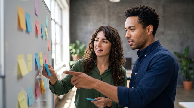 Diverse business team discussing financial planning using colorful adhesive sticky notes on glass board, organizing agile corporate strategy, managing workflow in modern office workspace.