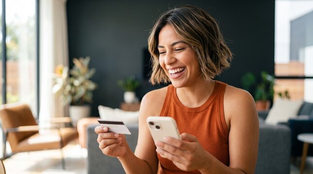 Excited Hispanic woman holding credit card and mobile smartphone, executing digital payment, online banking transfer, e-commerce shopping order and fintech financial service at home living room