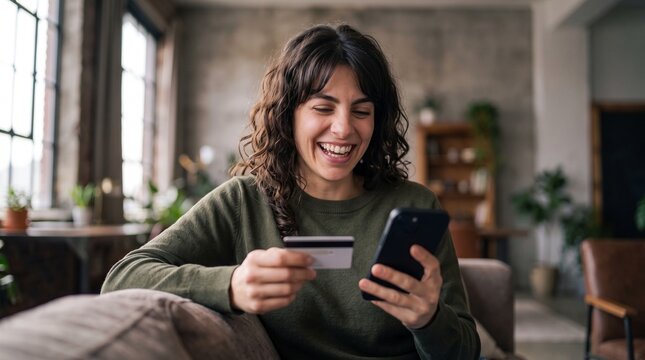 Excited young woman laughing happily while paying online with credit card on mobile phone application sitting comfortably on sofa at home during digital financial e-commerce transaction.