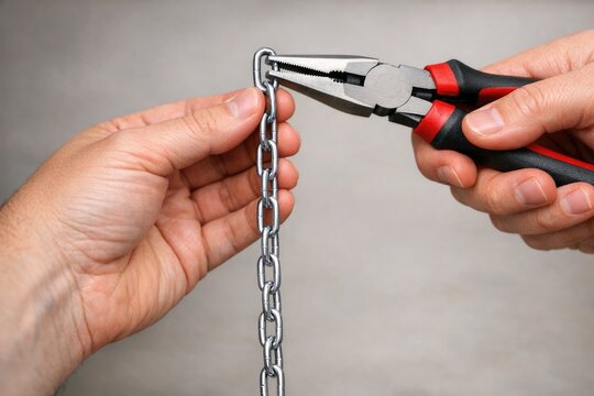 A close-up shot of hands holding a chain and pliers, possibly used for DIY or repair tasks