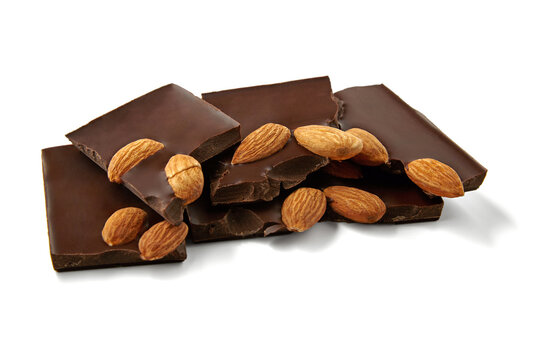 Broken Dark Chocolate Bars with Whole Almonds on White