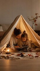 Obraz premium Mother and daughter reading book in cozy blanket tent at home. Autumn family leisure with lantern and fallen leaves. Warm hygge childhood moment. Fall indoor activity for kid.