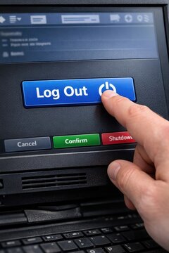 A person sitting in front of a laptop, pressing the log out button