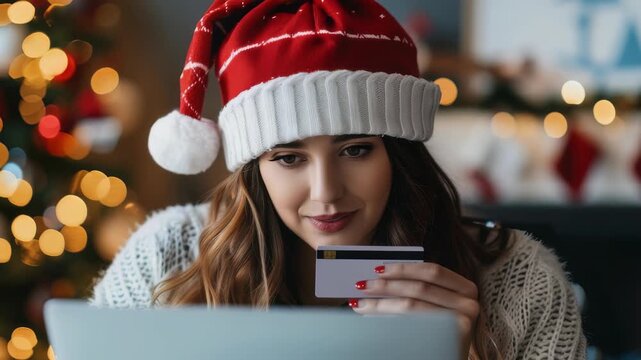 Woman wearing a Santa hat doing holiday shopping online with credit card in front of decorated Christmas tree. She's smiling and cozy, enjoying the convenience of festive digital payments.