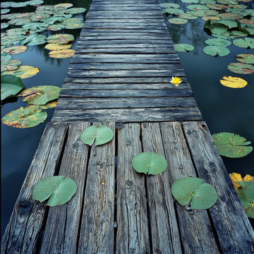 Weathered wooden walkway extending over still water dotted with lily pads and a lone yellow bloom