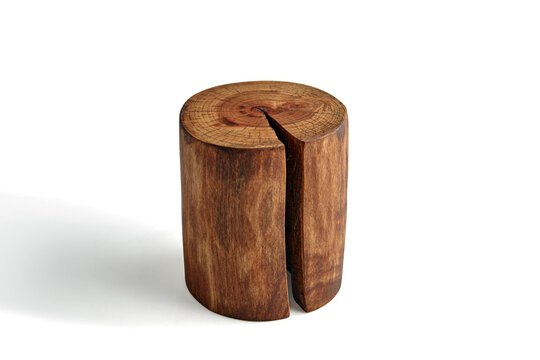 Rustic Split Wooden Log Stool Isolated on White