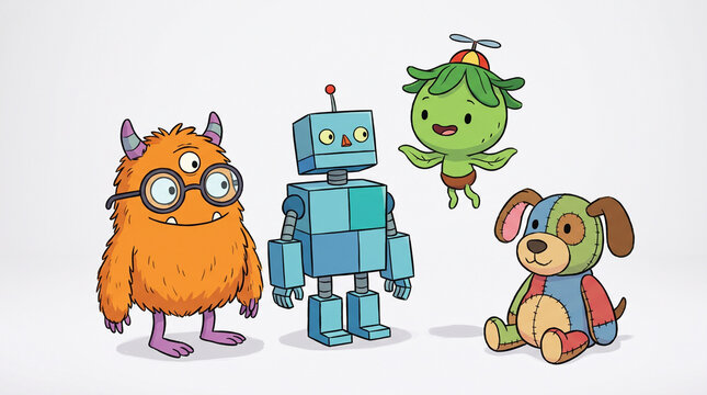 Cute cartoon toy and character set featuring an orange monster with glasses, blue cube robot, flying green sprout creature, and patchwork plush dog, vector illustration