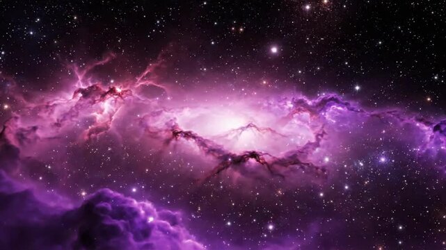 Purple nebula with glowing stars in deep space a cloud drifts through a vast field of bright
