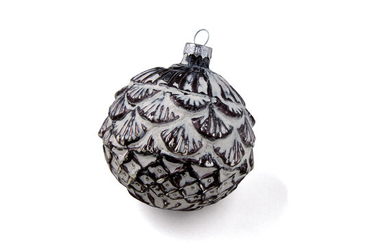 Vintage Silver and White Pine Cone Christmas Bauble