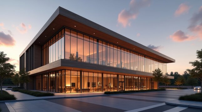 Edificio de oficinas contempor&aacute;neo al atardecer; amplias paredes acristaladas resplandecen con una c&aacute;lida iluminaci&oacute;n interior