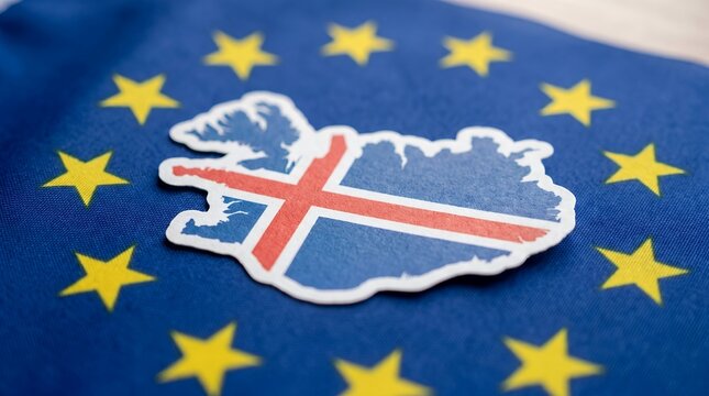Iceland flag sticker placed on european union flag symbolizing relations and political agreement.