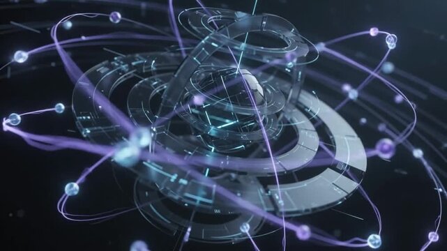 holographic digital sphere rotating abstract technology background futuristic data science network connection cybernetic interface virtual reality motion graphic element complex geometric structure...