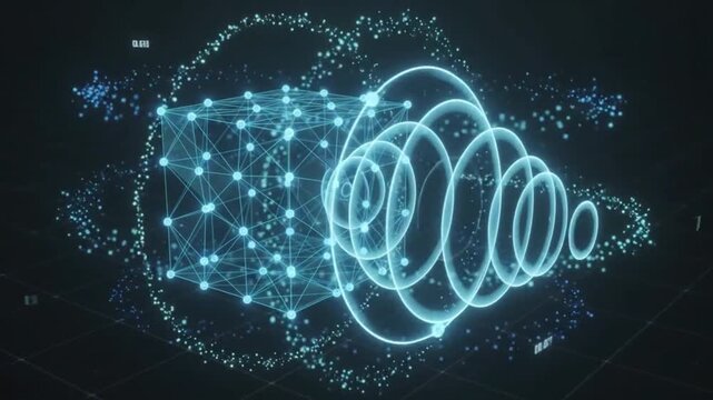 abstract geometric cube sphere digital transformation technology network connection data visualization futuristic motion graphics cyberspace virtual reality innovation science computing system cybe...