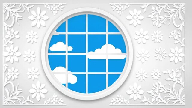 Round window frame with a view of blue sky and white clouds a circular featuring a grid pane