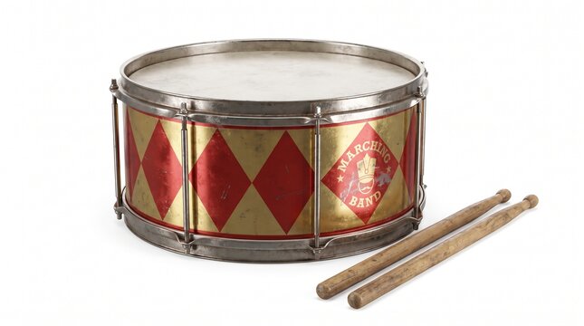 Vintage Marching Band Snare Drum with Sticks Isolated on White