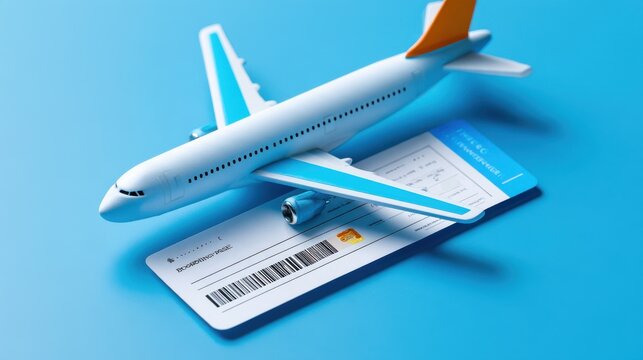 A commercial airplane rests on a plane ticket, suggesting travel and adventure. The airplane is white with blue and orange accents, and the ticket has a barcode and other text.