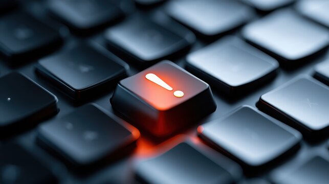 An illuminated exclamation mark key on a dark keyboard, highlighting a point of emphasis or warning
