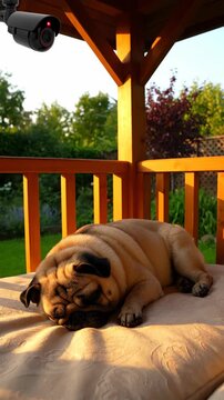 A sleepy pug naps peacefully on a cushion while a security camera watches from above in a garden gazebo
