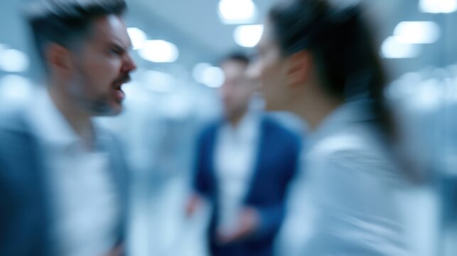 Two colleagues arguing intensely in a modern office hallway, with another person blurred in the background, suggesting conflict and disagreement