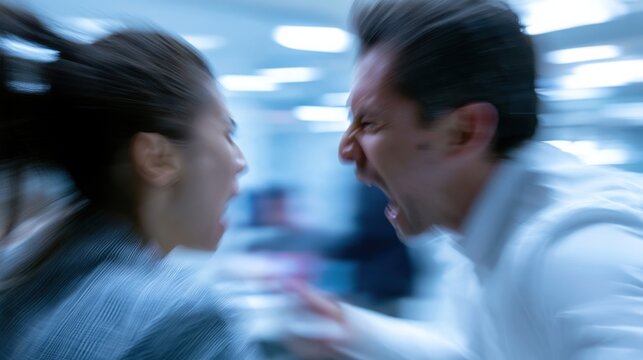 A couple in intense argument, faces contorted with rage and frustration, captured in a motion-blurred office setting. The visual conveys a sense of conflict and emotional distress