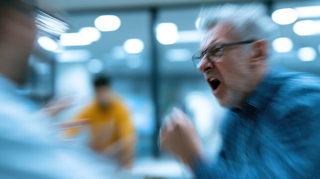 An angry man shouting in an office environment, his face contorted in rage and frustration, with blurred figures in the background